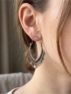 Silver Tassel Coin Hoop Earrings